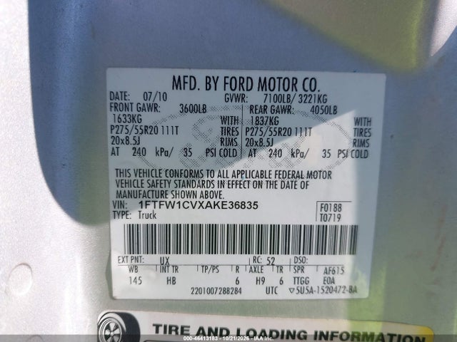 46413183 :رقم المزاد ، 1FTFW1CVXAKE36835 vin ، 2010 Ford F-150 Fx2 Sport/harley-davidson/king Ranch/lariat/platinum/xl/xlt مزاد بيع