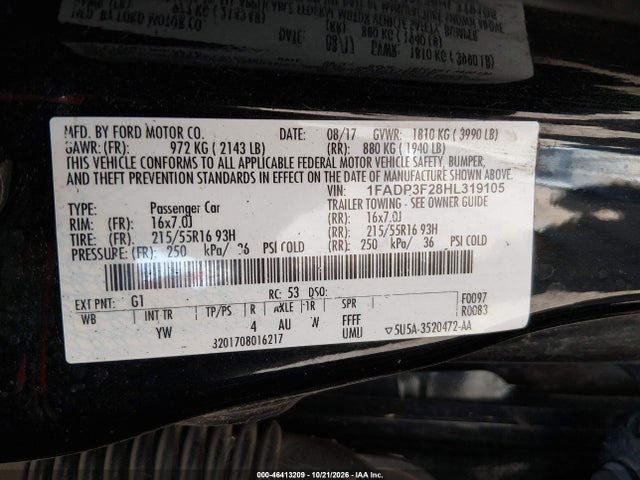 46413209 :رقم المزاد ، 1FADP3F28HL319105 vin ، 2017 Ford Focus Se مزاد بيع