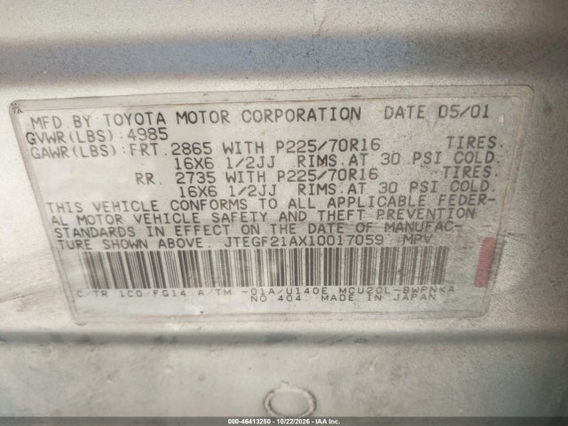 46413250 :رقم المزاد ، JTEGF21AX10017059 vin ، 2001 Toyota Highlander V6 مزاد بيع