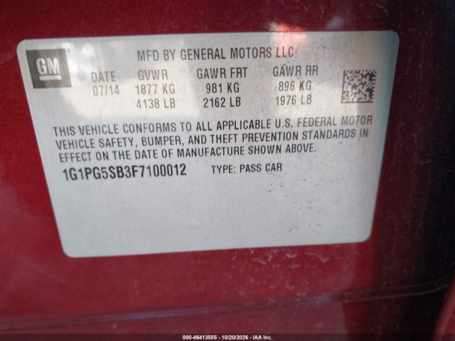 Auction sale of the 2015 Chevrolet Cruze Ltz, vin: 1G1PG5SB3F7100012, lot number: 46413505