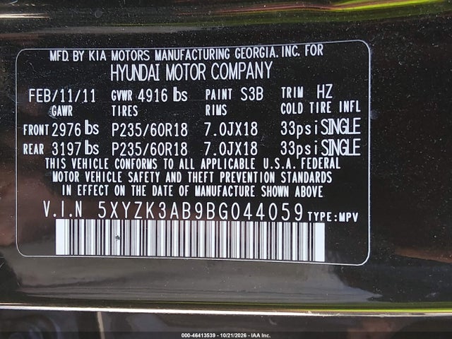 Продажа на аукционе авто 2011 Hyundai Santa Fe Limited, vin: 5XYZK3AB9BG044059, номер лота: 46413539