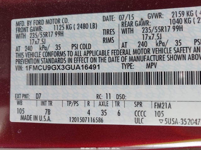 Продаж на аукціоні авто 2016 Ford Escape Se, vin: 1FMCU9GX3GUA16491, номер лоту: 46413573