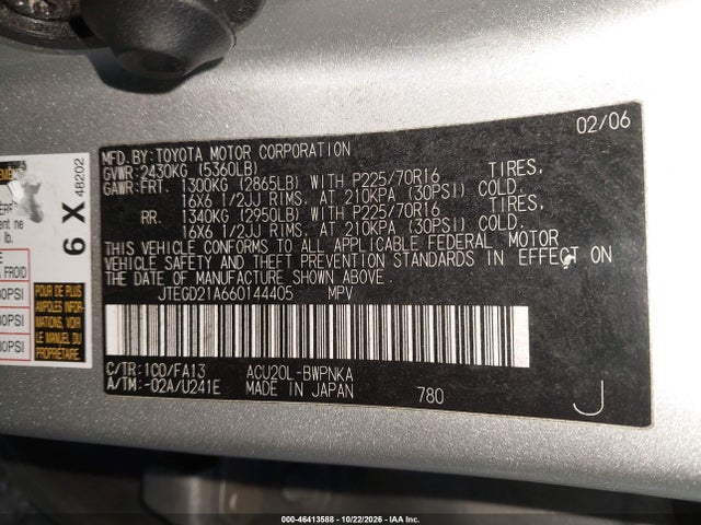 Aukcja sprzedaży 2006 Toyota Highlander, vin: JTEGD21A660144405, numer aukcji: 46413588