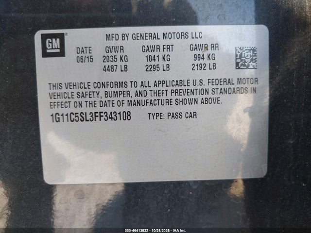 46413632 :رقم المزاد ، 1G11C5SL3FF343108 vin ، 2015 Chevrolet Malibu 1lt مزاد بيع