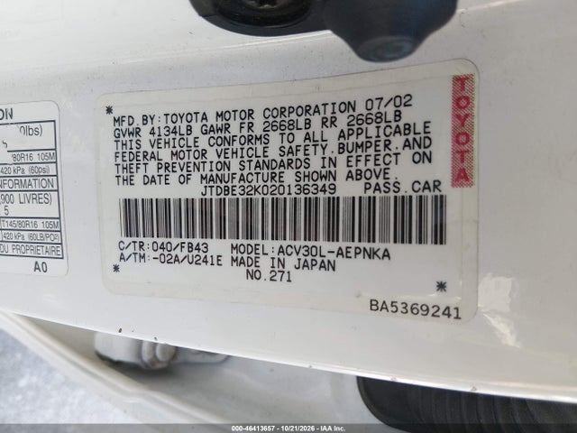 46413657 :رقم المزاد ، JTDBE32K020136349 vin ، 2002 Toyota Camry Le مزاد بيع