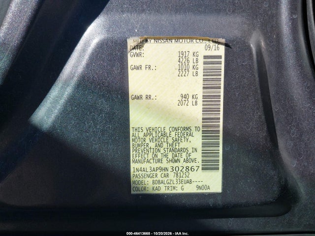 46413668 :رقم المزاد ، 1N4AL3AP9HN302867 vin ، 2017 Nissan Altima 2.5 S مزاد بيع