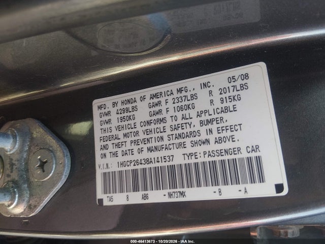 2008 Honda Accord 2.4 Lx-p მანქანა იყიდება აუქციონზე, vin: 1HGCP26438A141537, აუქციონის ნომერი: 46413673