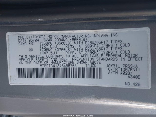 2004 Toyota Tundra Sr5 V8 მანქანა იყიდება აუქციონზე, vin: 5TBET34134S456703, აუქციონის ნომერი: 46413678