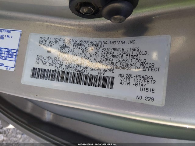 Продаж на аукціоні авто 2004 Toyota Sienna Le, vin: 5TDZA23C44S005873, номер лоту: 46413699