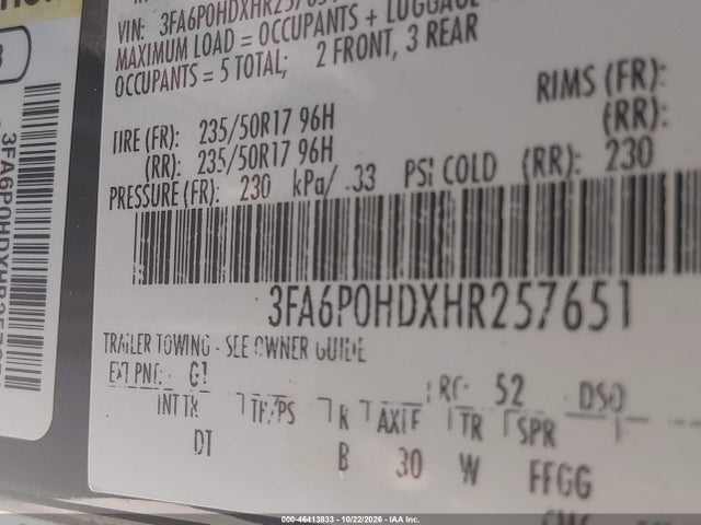 46413833 :رقم المزاد ، 3FA6P0HDXHR257651 vin ، 2017 Ford Fusion Se مزاد بيع