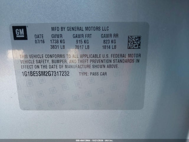 Продаж на аукціоні авто 2016 Chevrolet Cruze Lt Auto, vin: 1G1BE5SM2G7317232, номер лоту: 46413964