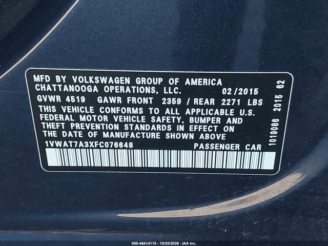 Volkswagen Passat 1.8t S 2015 1VWAT7A3XFC076648 Image 9