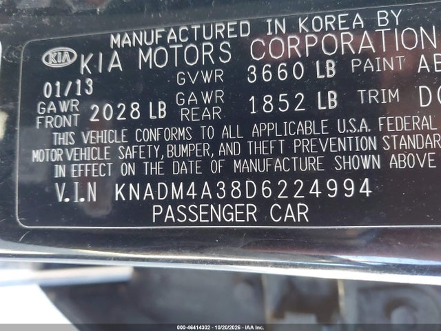 2013 Kia Rio Lx მანქანა იყიდება აუქციონზე, vin: KNADM4A38D6224994, აუქციონის ნომერი: 46414302