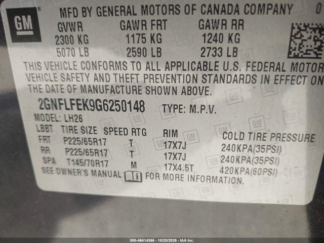 Aukcja sprzedaży 2016 Chevrolet Equinox Lt, vin: 2GNFLFEK9G6250148, numer aukcji: 46414366