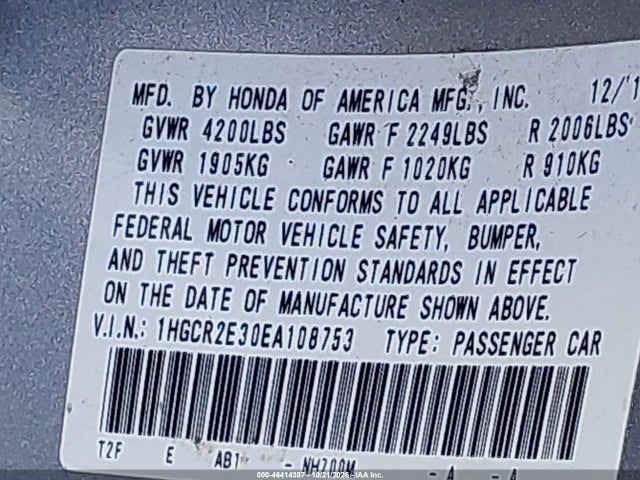 Auction sale of the 2014 Honda Accord Lx, vin: 1HGCR2E30EA108753, lot number: 46414387