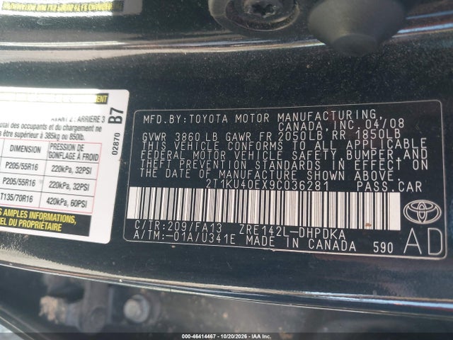 2009 Toyota Matrix მანქანა იყიდება აუქციონზე, vin: 2T1KU40EX9C036281, აუქციონის ნომერი: 46414467