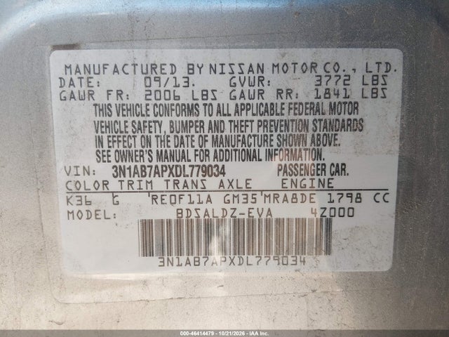 Продаж на аукціоні авто 2013 Nissan Sentra Sv, vin: 3N1AB7APXDL779034, номер лоту: 46414479