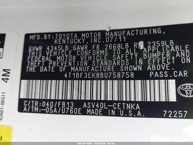 Продаж на аукціоні авто 2011 Toyota Camry Le, vin: 4T1BF3EK8BU758758, номер лоту: 46414508