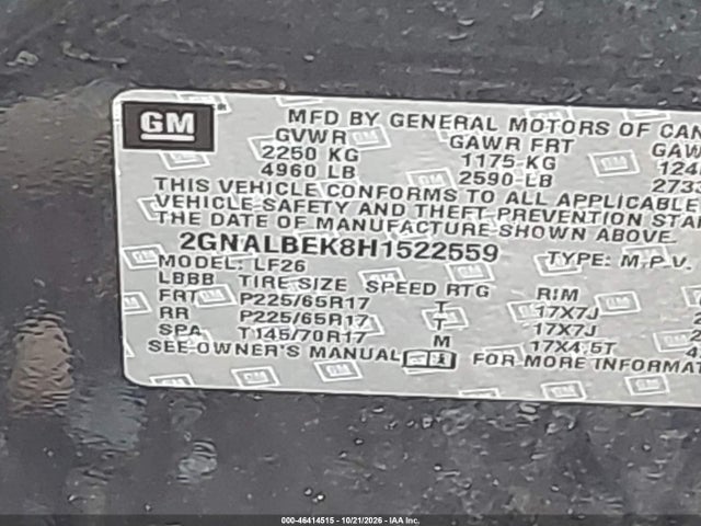 2017 Chevrolet Equinox Ls მანქანა იყიდება აუქციონზე, vin: 2GNALBEK8H1522559, აუქციონის ნომერი: 46414515