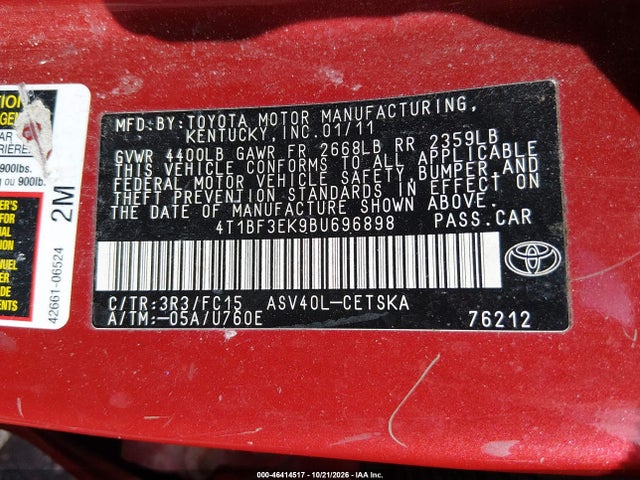 2011 Toyota Camry Se მანქანა იყიდება აუქციონზე, vin: 4T1BF3EK9BU696898, აუქციონის ნომერი: 46414517