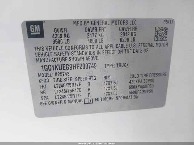 46414521 :رقم المزاد ، 1GC1KUEG9HF200749 vin ، 2017 Chevrolet Silverado 2500hd Wt مزاد بيع