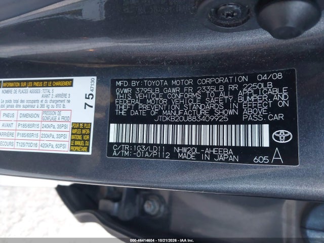 Продаж на аукціоні авто 2008 Toyota Prius, vin: JTDKB20U883409925, номер лоту: 46414604