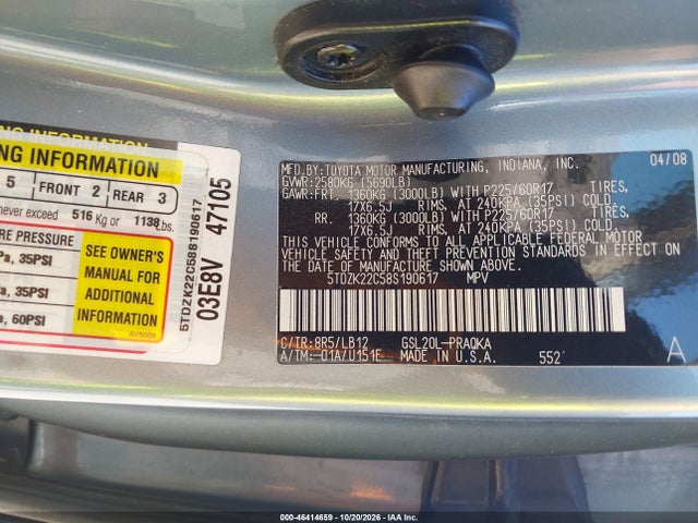Продаж на аукціоні авто 2008 Toyota Sienna, vin: 5TDZK22C58S190617, номер лоту: 46414659