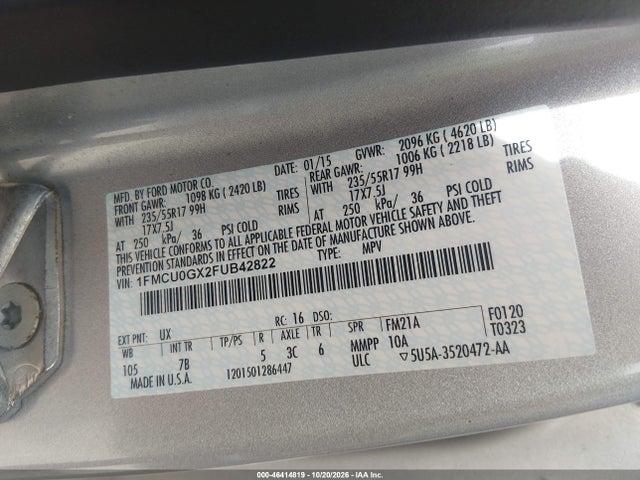 46414819 :رقم المزاد ، 1FMCU0GX2FUB42822 vin ، 2015 Ford Escape Se مزاد بيع