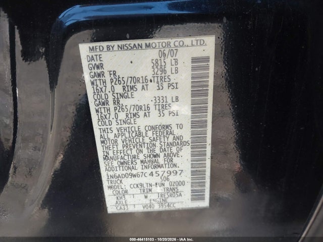 Aukcja sprzedaży 2007 Nissan Frontier Se, vin: 1N6AD09W67C457997, numer aukcji: 46415103