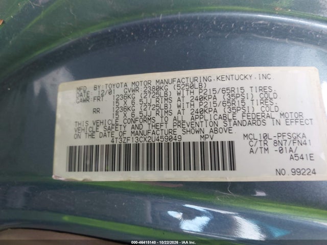 Aukcja sprzedaży 2002 Toyota Sienna Le, vin: 4T3ZF13CX2U459049, numer aukcji: 46415140