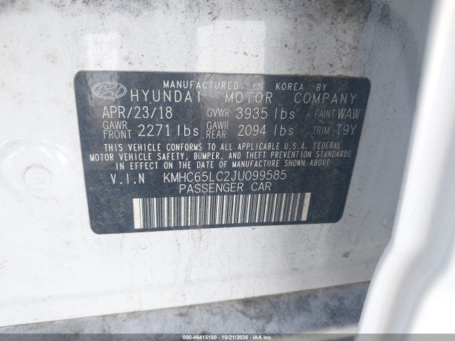 Aukcja sprzedaży 2018 Hyundai Ioniq Hybrid Blue, vin: KMHC65LC2JU099585, numer aukcji: 46415180
