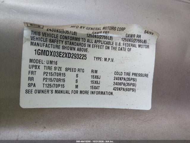 1999 Pontiac Montana მანქანა იყიდება აუქციონზე, vin: 1GMDX03E2XD293225, აუქციონის ნომერი: 46415250