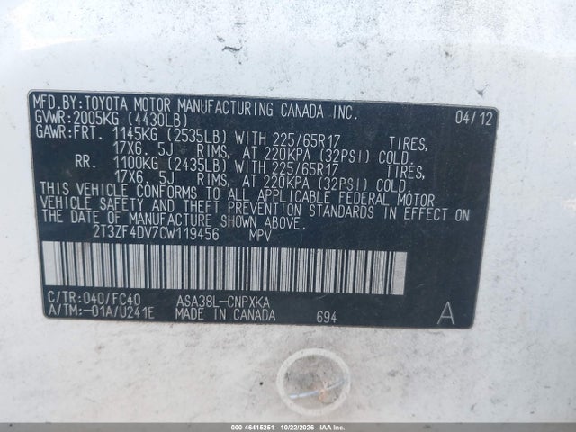 46415251 :رقم المزاد ، 2T3ZF4DV7CW119456 vin ، 2012 Toyota Rav4 مزاد بيع