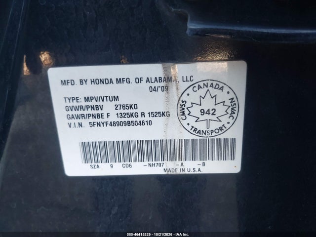 Aukcja sprzedaży 2009 Honda Pilot Touring, vin: 5FNYF48909B504610, numer aukcji: 46415329