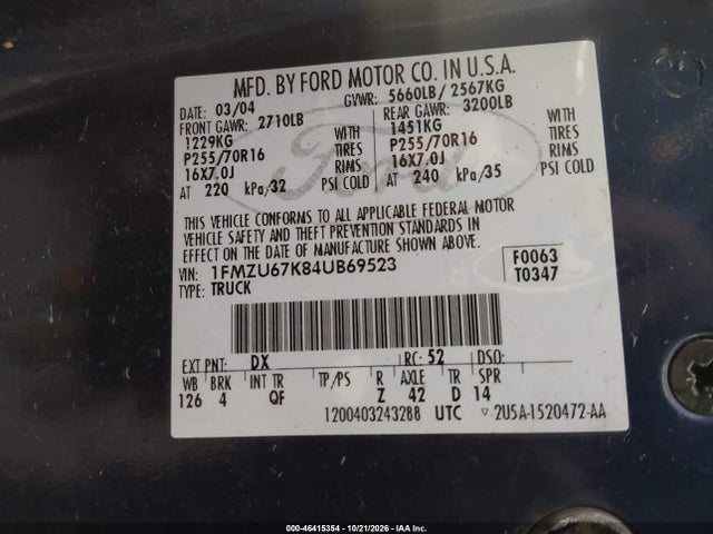 46415354 :رقم المزاد ، 1FMZU67K84UB69523 vin ، 2004 Ford Explorer Sport Trac Adrenalin/xls/xlt مزاد بيع