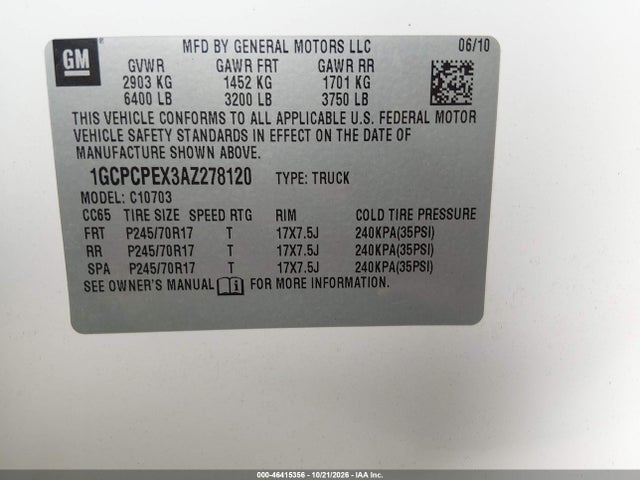 46415356 :رقم المزاد ، 1GCPCPEX3AZ278120 vin ، 2010 Chevrolet Silverado 1500 Work Truck مزاد بيع