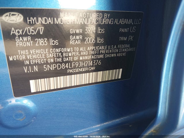 Aukcja sprzedaży 2018 Hyundai Elantra Sel, vin: 5NPD84LF9JH214376, numer aukcji: 46415359