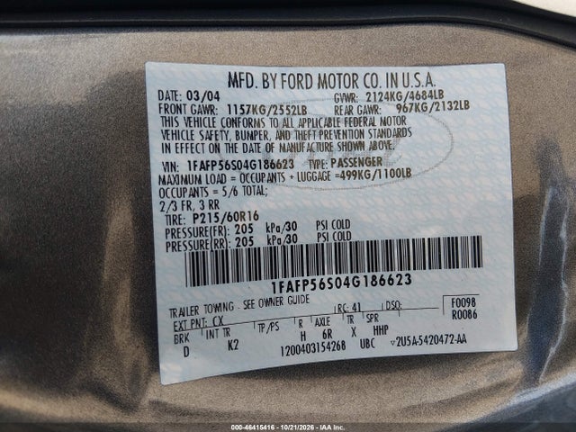 Продажа на аукционе авто 2004 Ford Taurus Sel, vin: 1FAFP56S04G186623, номер лота: 46415416