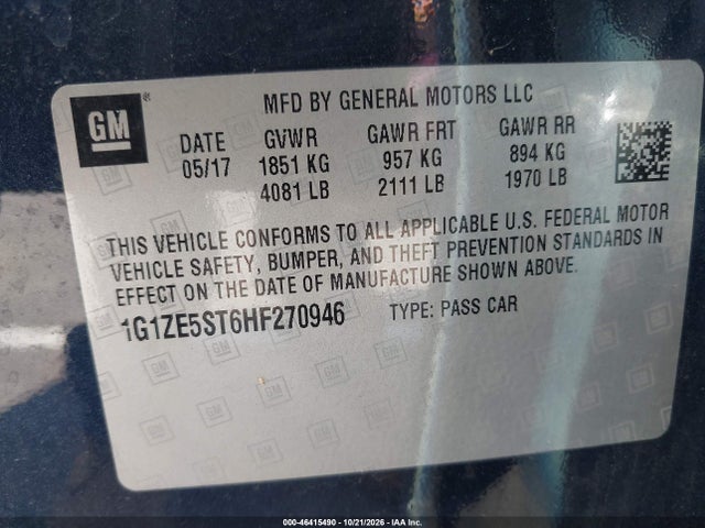 46415490 :رقم المزاد ، 1G1ZE5ST6HF270946 vin ، 2017 Chevrolet Malibu 1lt مزاد بيع
