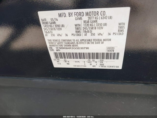 46415612 :رقم المزاد ، 1FM5K8AR3GGD30790 vin ، 2016 Ford Utility Police Interceptor مزاد بيع