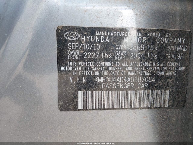 46415693 :رقم المزاد ، KMHDU4AD4AU187084 vin ، 2010 Hyundai Elantra Se مزاد بيع