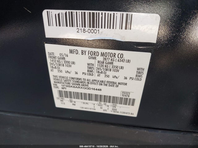 46415710 :رقم المزاد ، 1FM5K8ARXGGD16448 vin ، 2016 Ford Utility Police Interceptor مزاد بيع