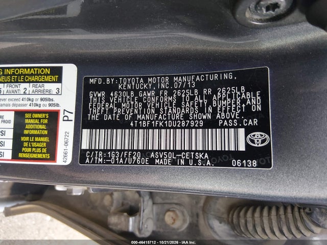 2013 Toyota Camry Se მანქანა იყიდება აუქციონზე, vin: 4T1BF1FK1DU287929, აუქციონის ნომერი: 46415712