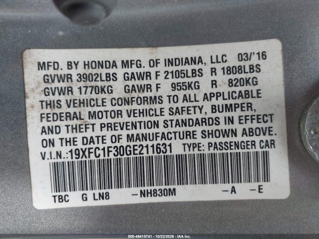 46415741 :رقم المزاد ، 19XFC1F30GE211631 vin ، 2016 Honda Civic Ex-t مزاد بيع