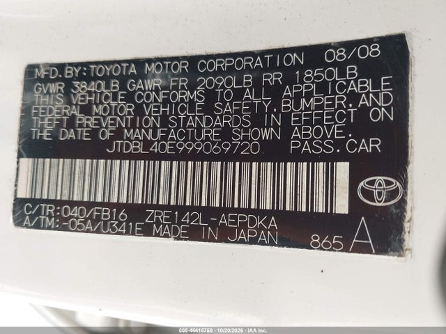 Продаж на аукціоні авто 2009 Toyota Corolla Le, vin: JTDBL40E999069720, номер лоту: 46415750