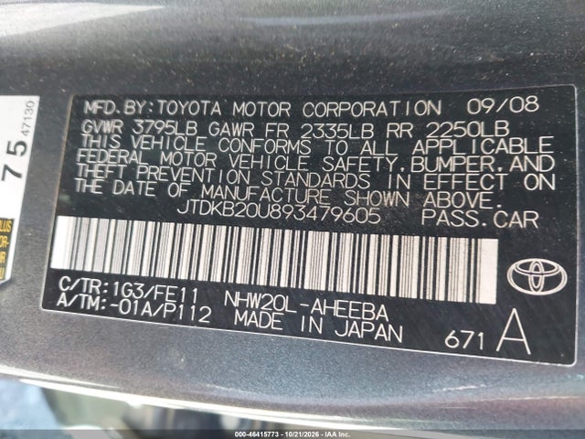 Aukcja sprzedaży 2009 Toyota Prius, vin: JTDKB20U893479605, numer aukcji: 46415773