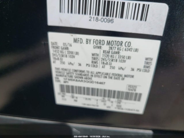 46415849 :رقم المزاد ، 1FM5K8AR3GGD16467 vin ، 2016 Ford Utility Police Interceptor مزاد بيع