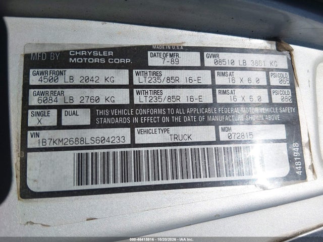 Продажа на аукционе авто 1990 Dodge W-series W200/w250, vin: 1B7KM2688LS604233, номер лота: 46415916