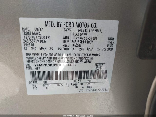Продаж на аукціоні авто 2017 Ford Edge Titanium, vin: 2FMPK3K99HBC51403, номер лоту: 46415943