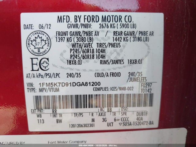 Продаж на аукціоні авто 2013 Ford Explorer Xlt, vin: 1FM5K7D91DGA81200, номер лоту: 46416086
